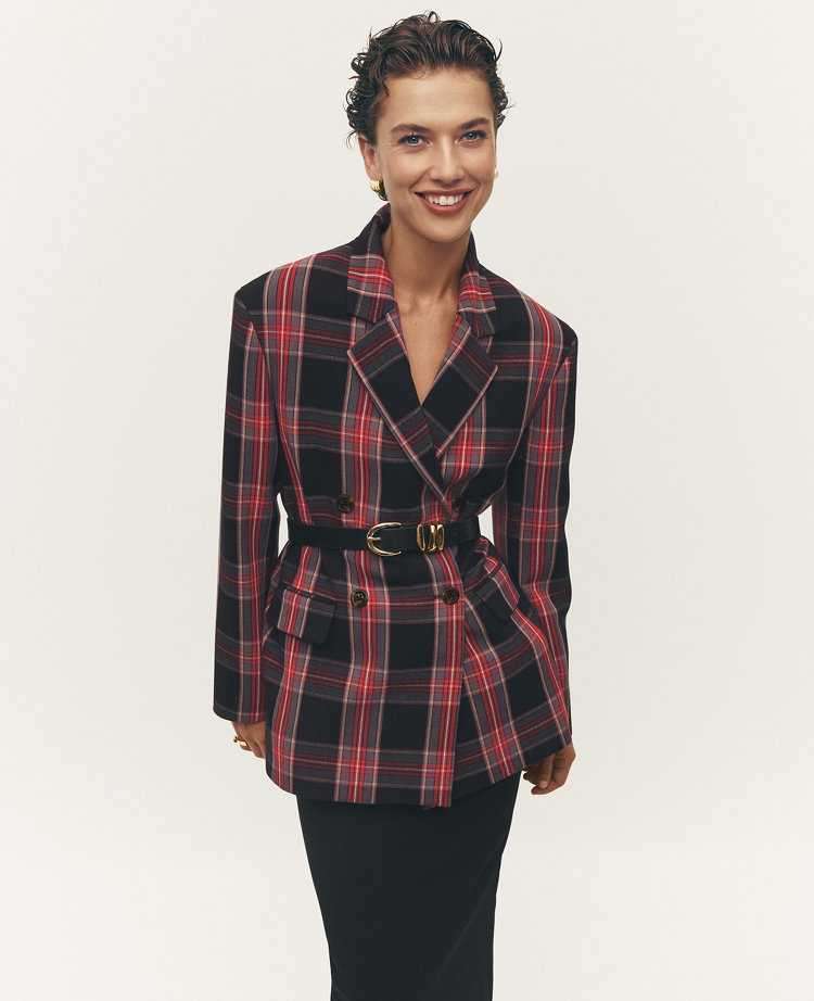 Petite Plaid Relaxed Double Breasted Blazer