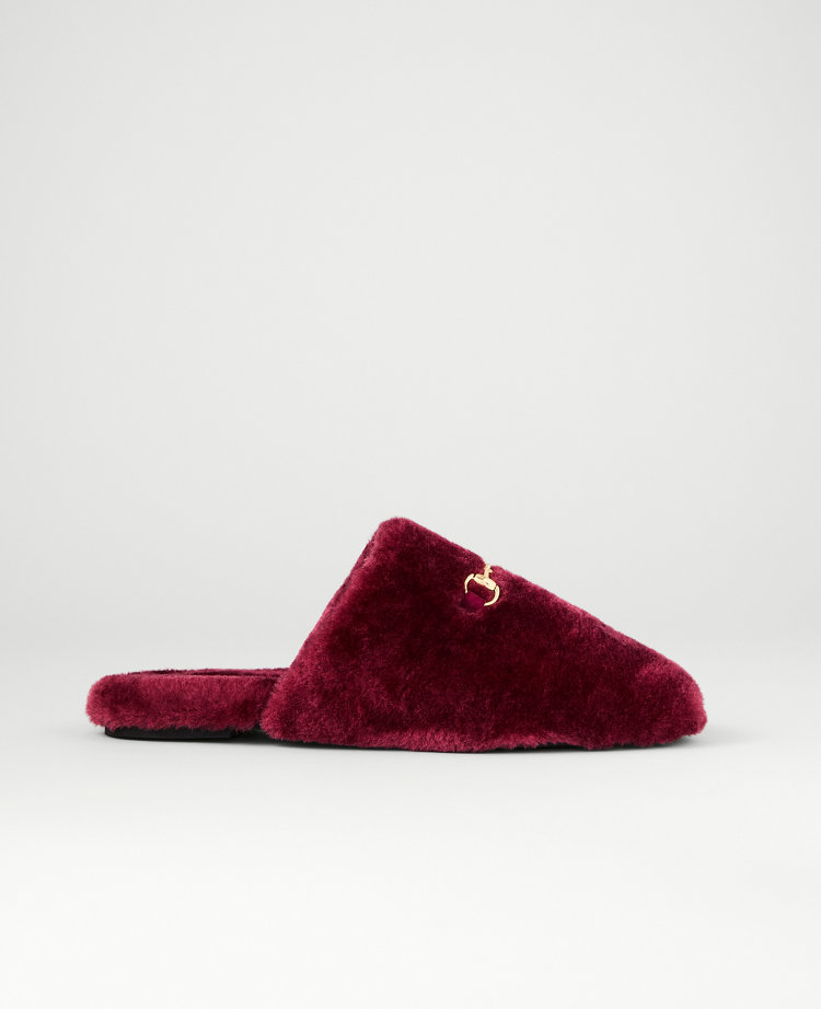 Ann Taylor Horsebit Fuzzy Slide Flat In Burgundy