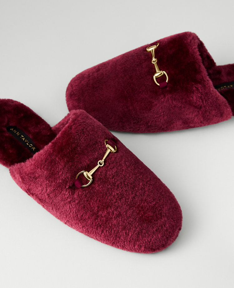 Ann Taylor Horsebit Fuzzy Slide Flat In Burgundy
