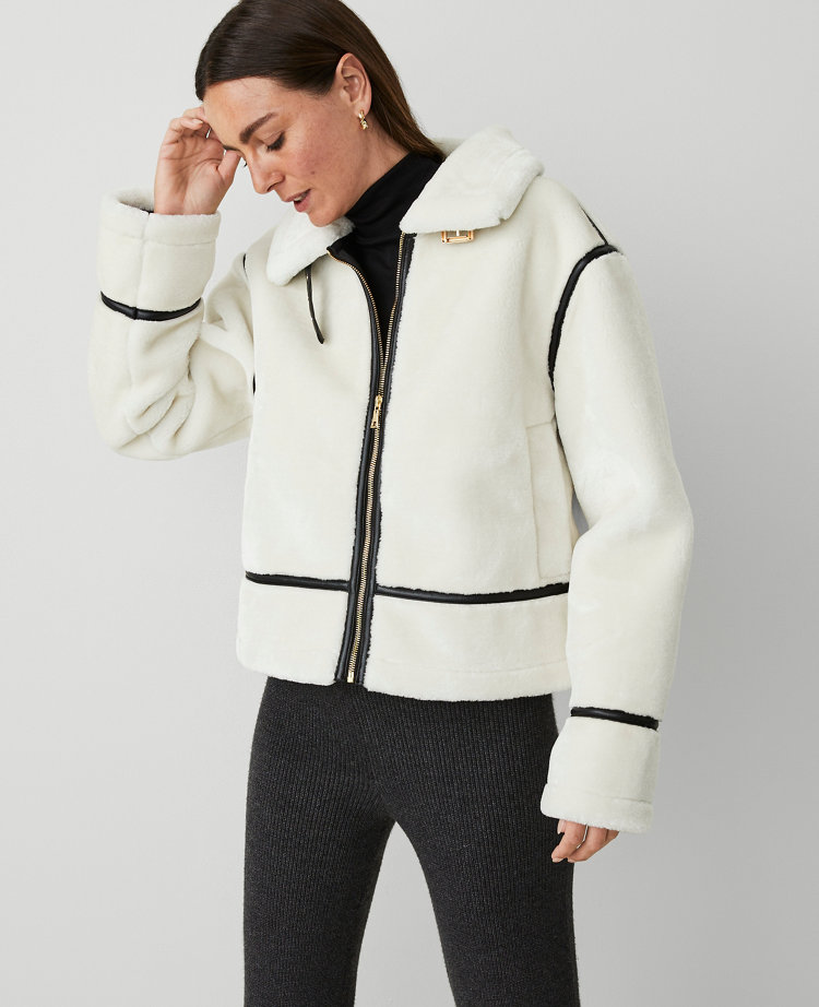 Petite Zip Front Shearling Collar Moto Jacket