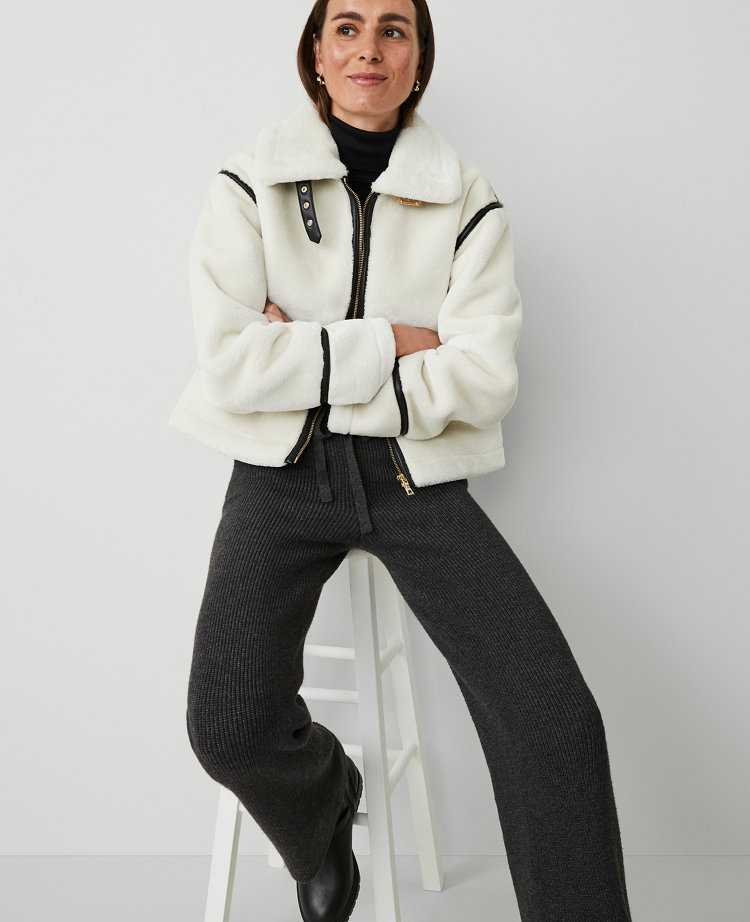 Petite Zip Front Shearling Collar Moto Jacket