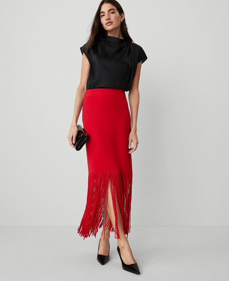 Petite Silky Fringe Sweater Skirt