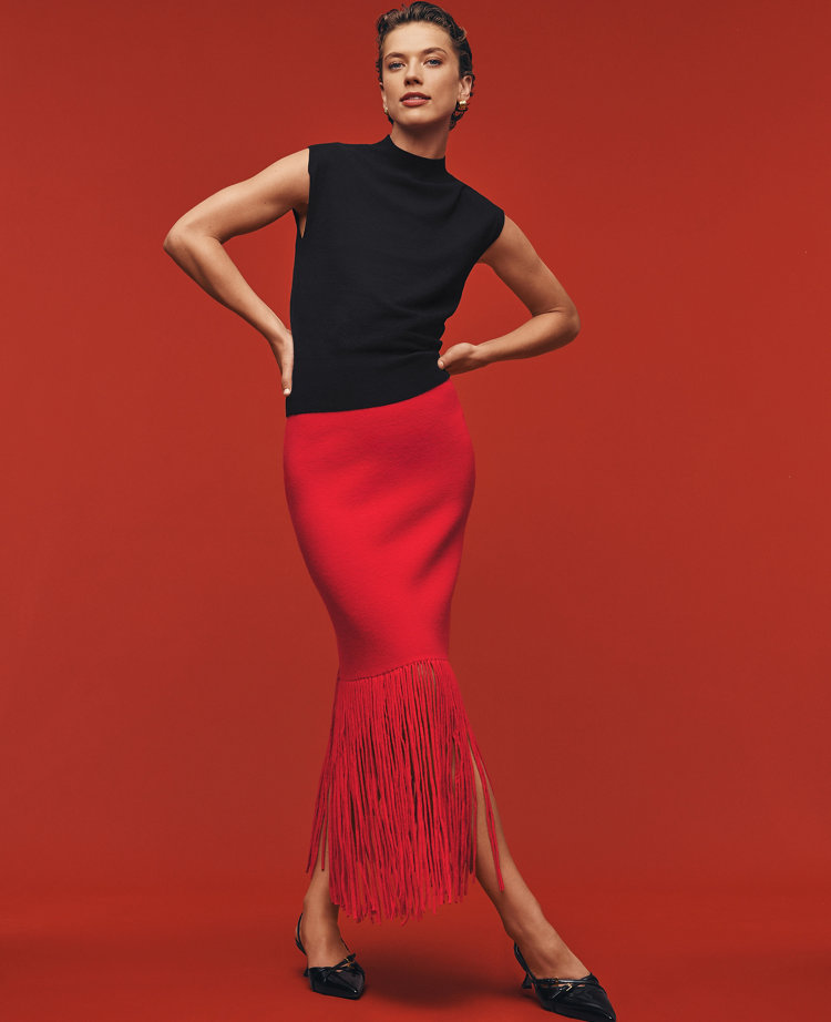 Petite Silky Fringe Sweater Skirt