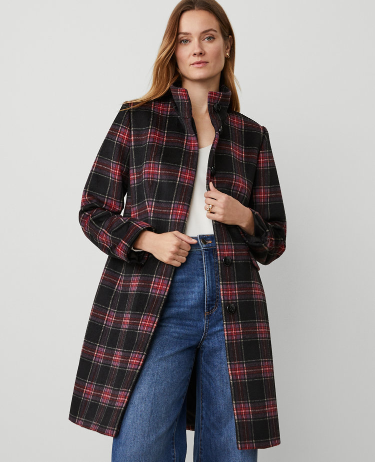 Petite Plaid Funnel Neck Tailored Coat