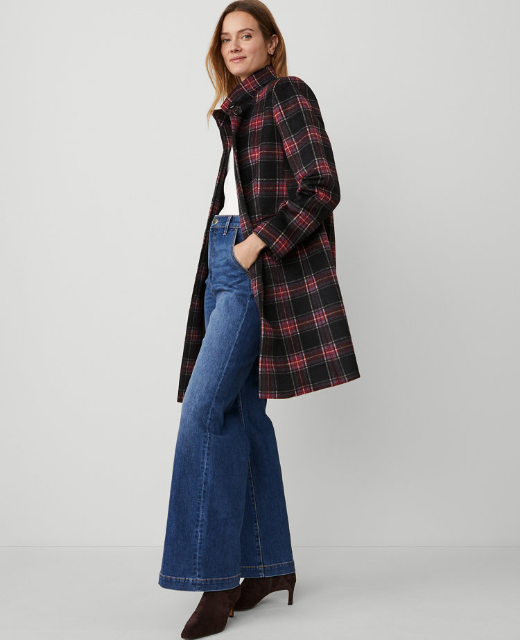 Petite Plaid Funnel Neck Tailored Coat