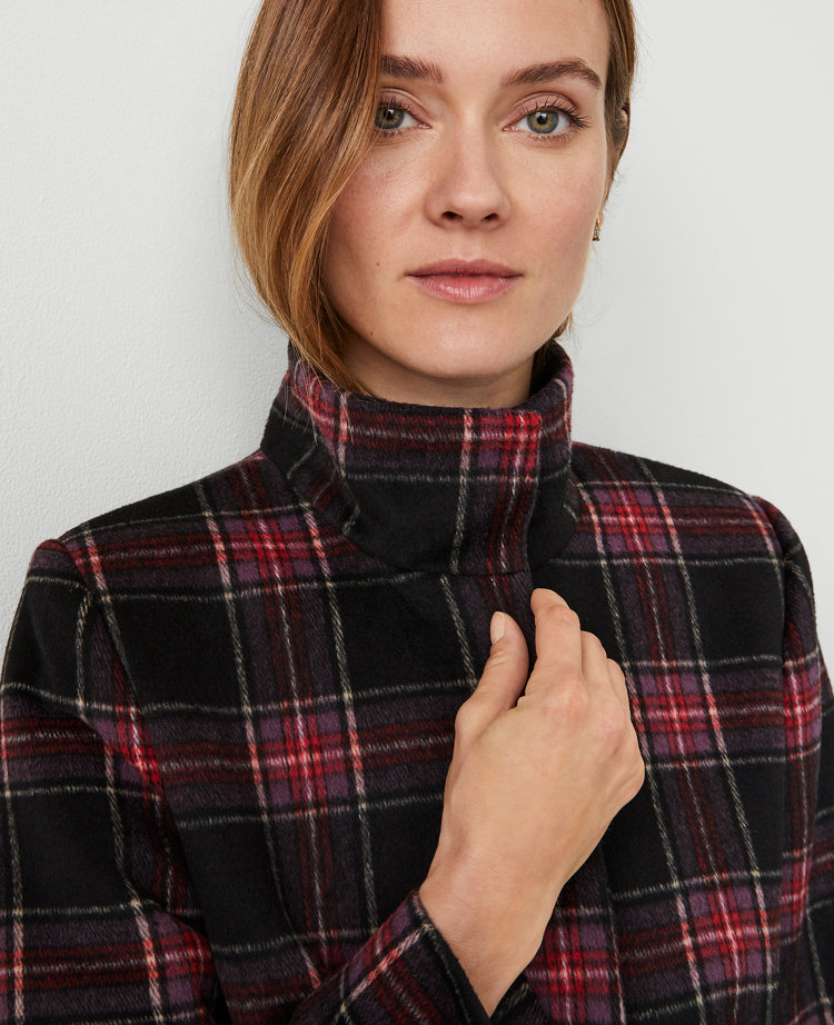 Petite Plaid Funnel Neck Tailored Coat