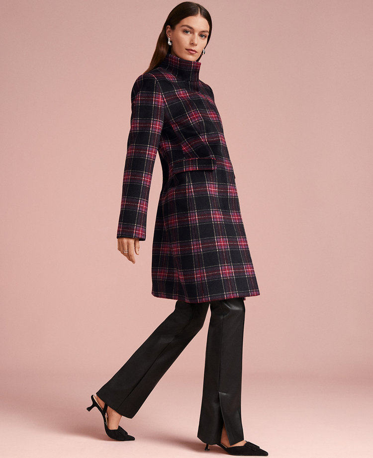 Petite Plaid Funnel Neck Tailored Coat