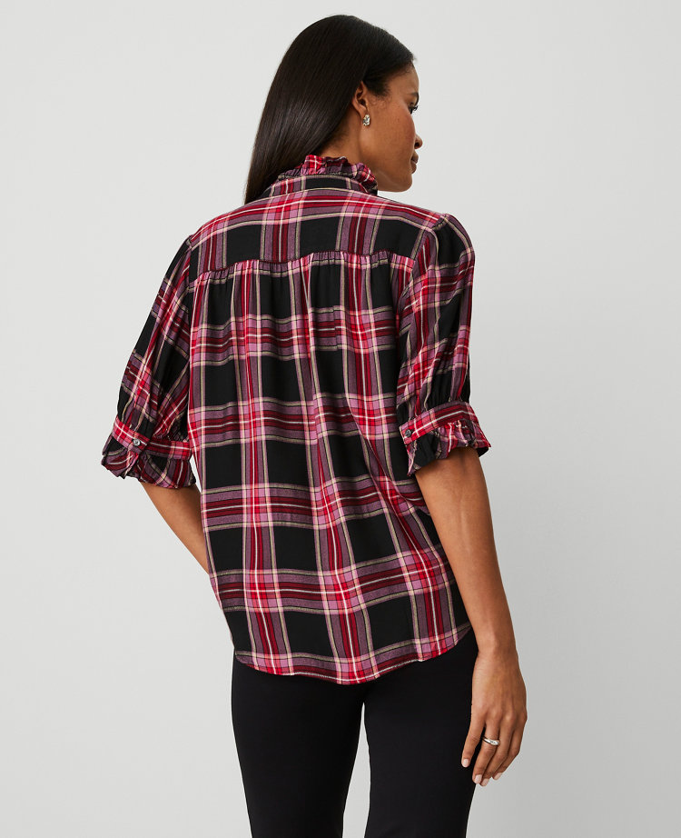 Petite Plaid Ruffle Button Top