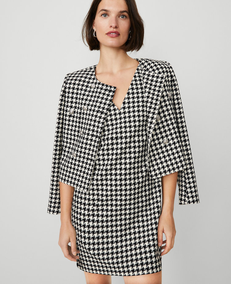 Houndstooth V-Neck Sleeveless Shift Dress