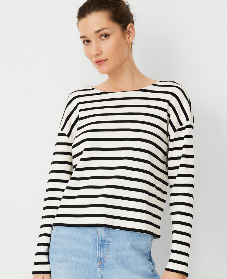 Ann Taylor At Weekend Striped Crew Neck Sweater In Ww - Black
