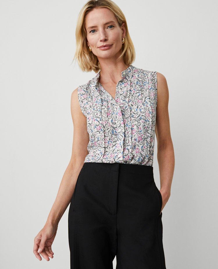 Ann Taylor Floral Pintucked Sleeveless Top Orchid Glow Women's