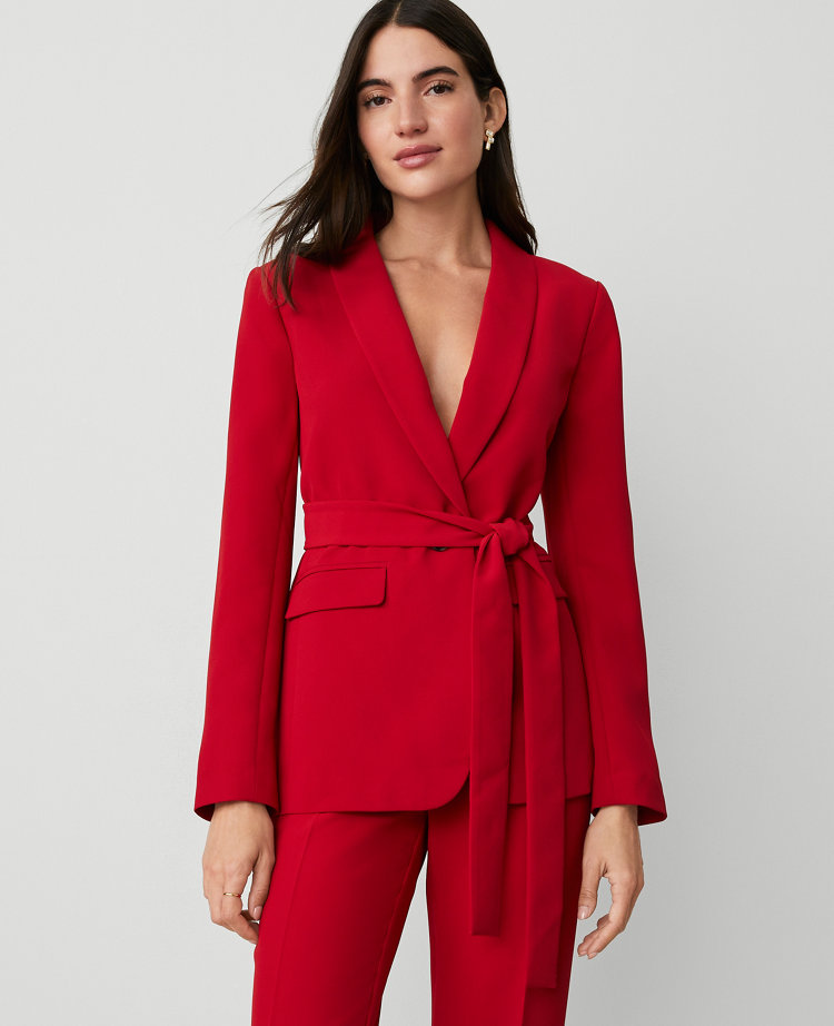 The Petite Belted Shawl-Collar Blazer in Fluid Crepe