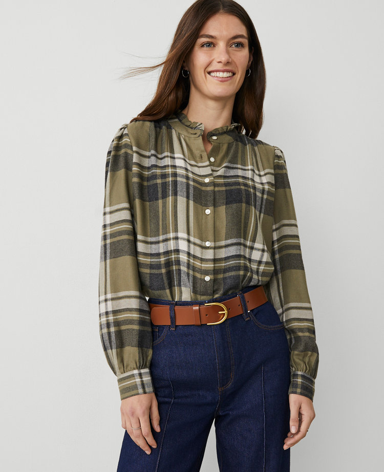 Petite Plaid Ruffle Neck Flannel Shirt