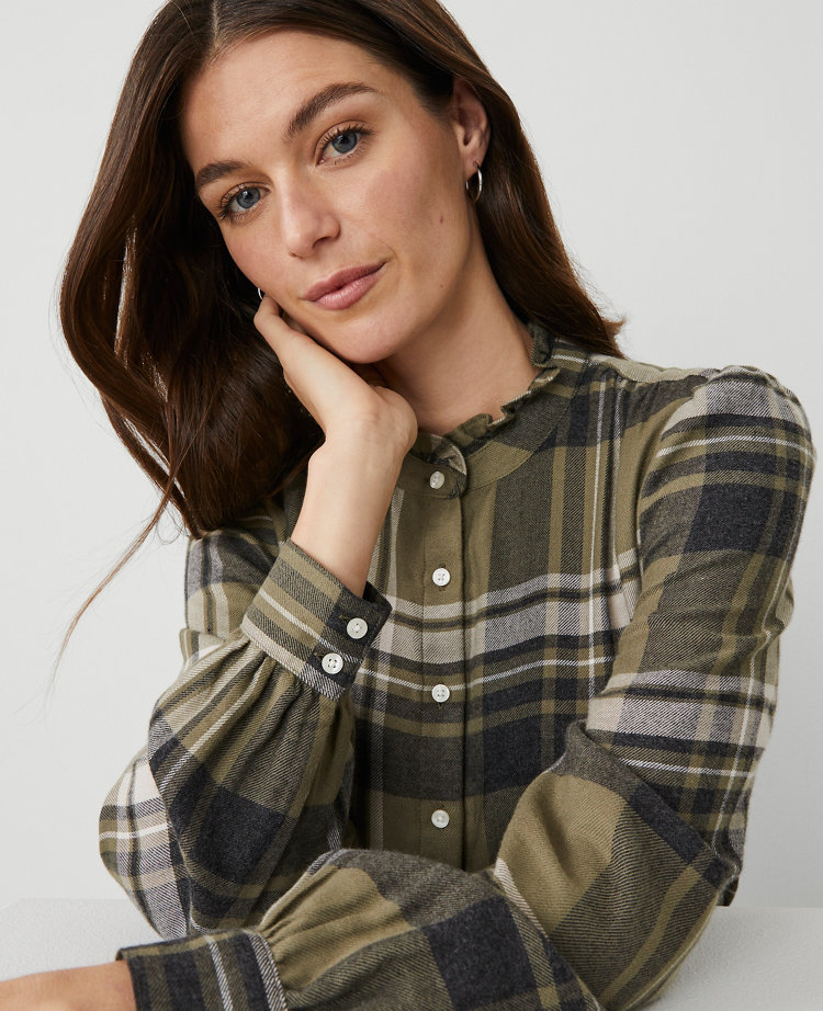 Petite Plaid Ruffle Neck Flannel Shirt