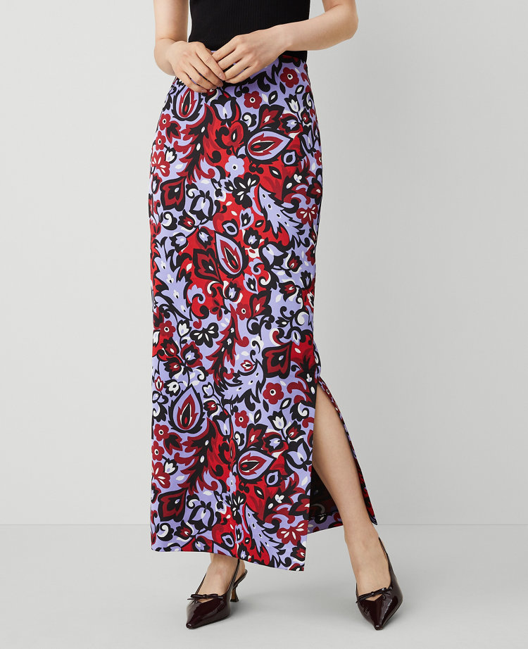 Paisley Side Slit Column Maxi Skirt