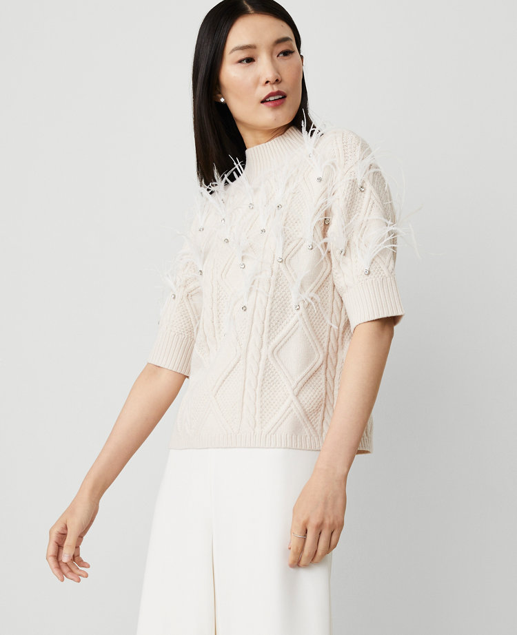 Petite Feather Embellished Cable Sweater