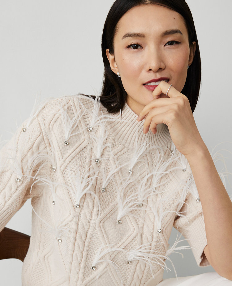 Petite Feather Embellished Cable Sweater