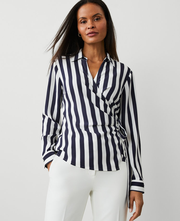 Striped Collared Wrap Blouse