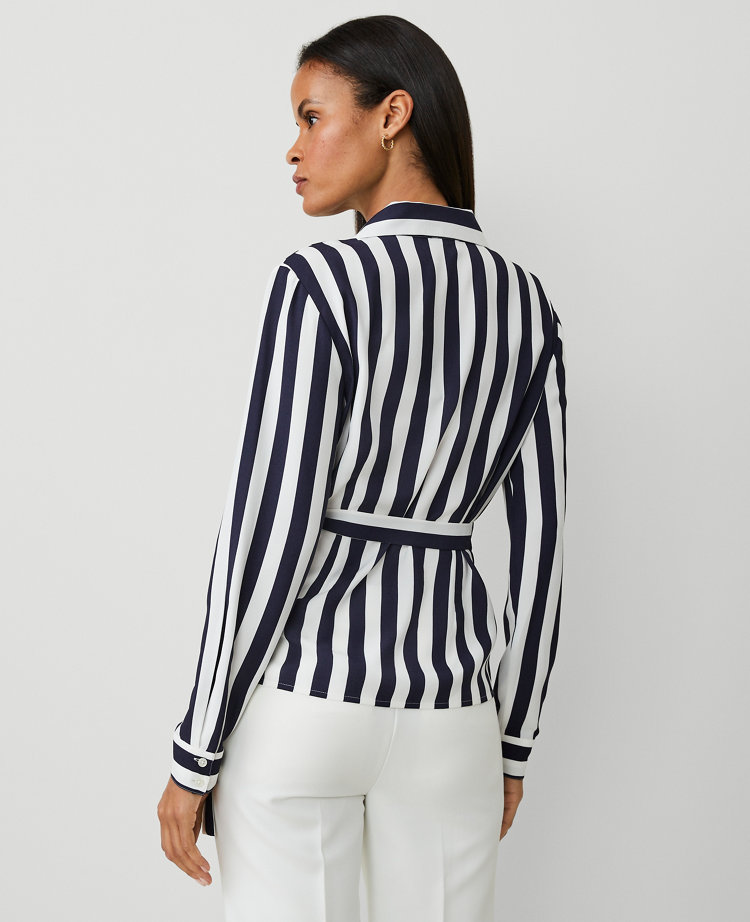 Striped Collared Wrap Blouse