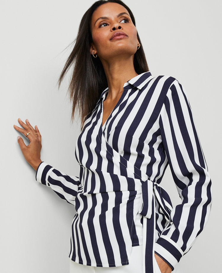 Striped Collared Wrap Blouse