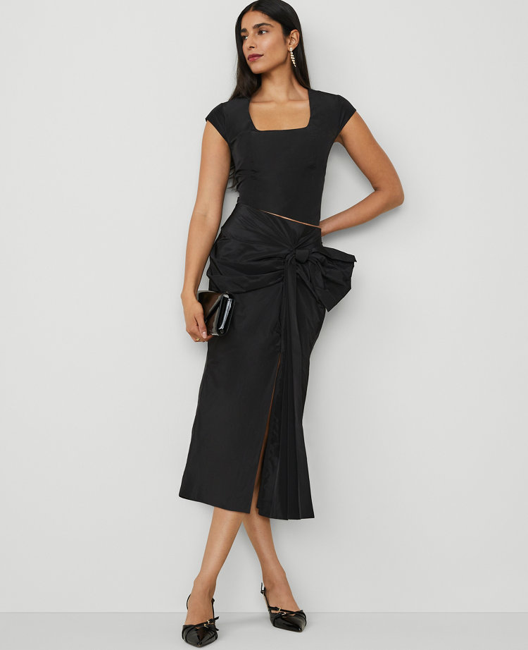 Petite Draped-Bow Taffeta Column Midi Skirt