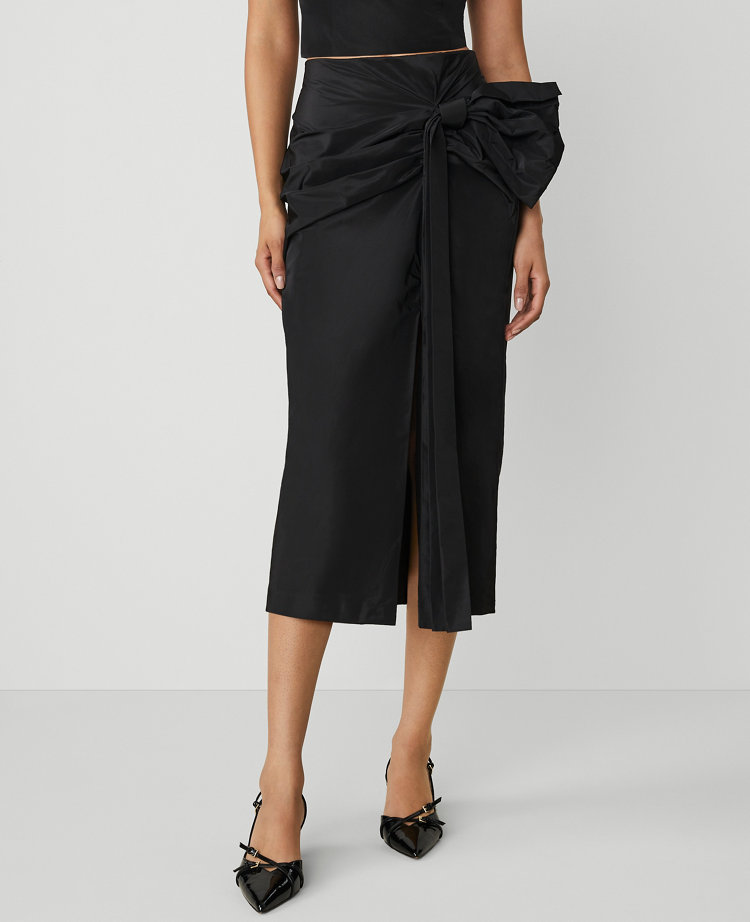 Petite Draped-Bow Taffeta Column Midi Skirt