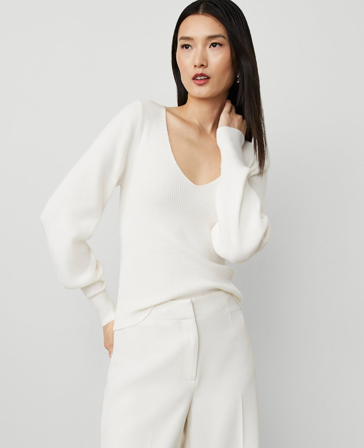 Petite Puff-Sleeve V-Neck Sweater