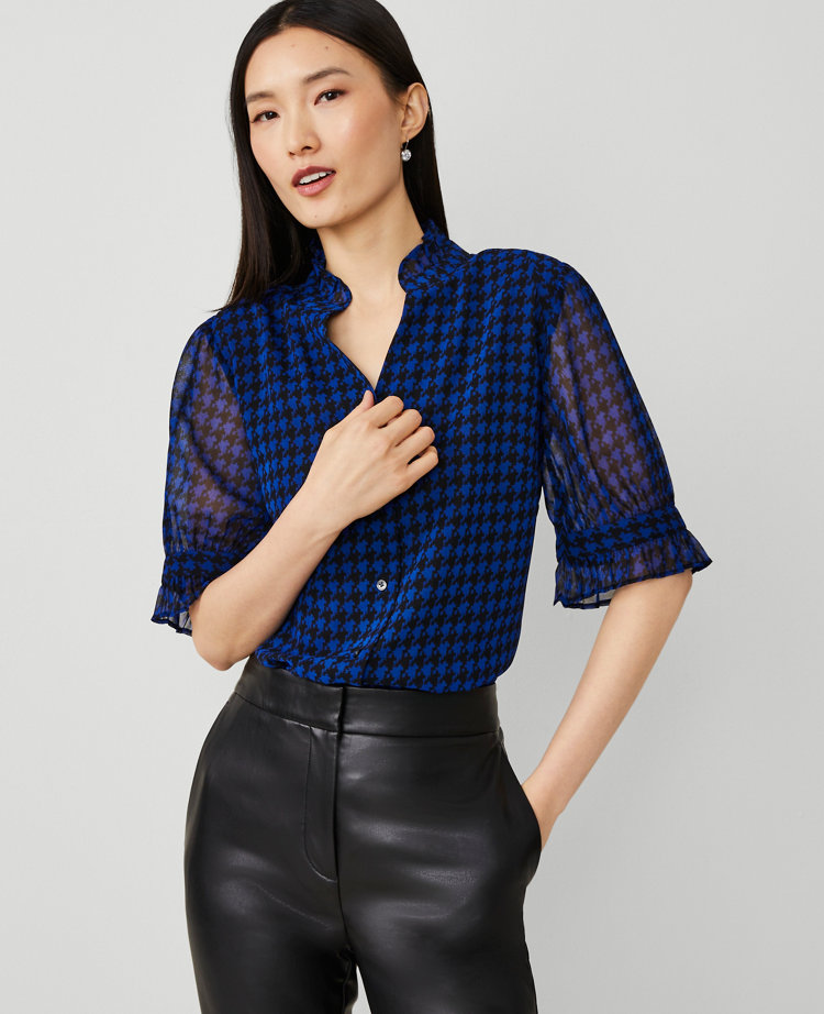 Houndstooth Ruffle Collar Blouse