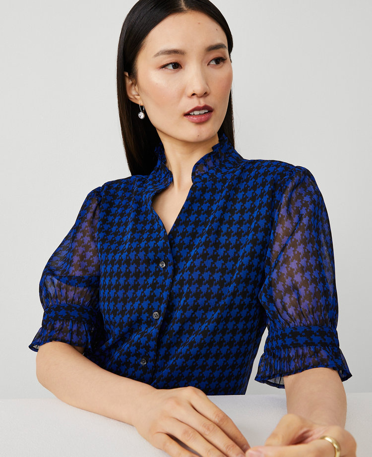 Houndstooth Ruffle Collar Blouse