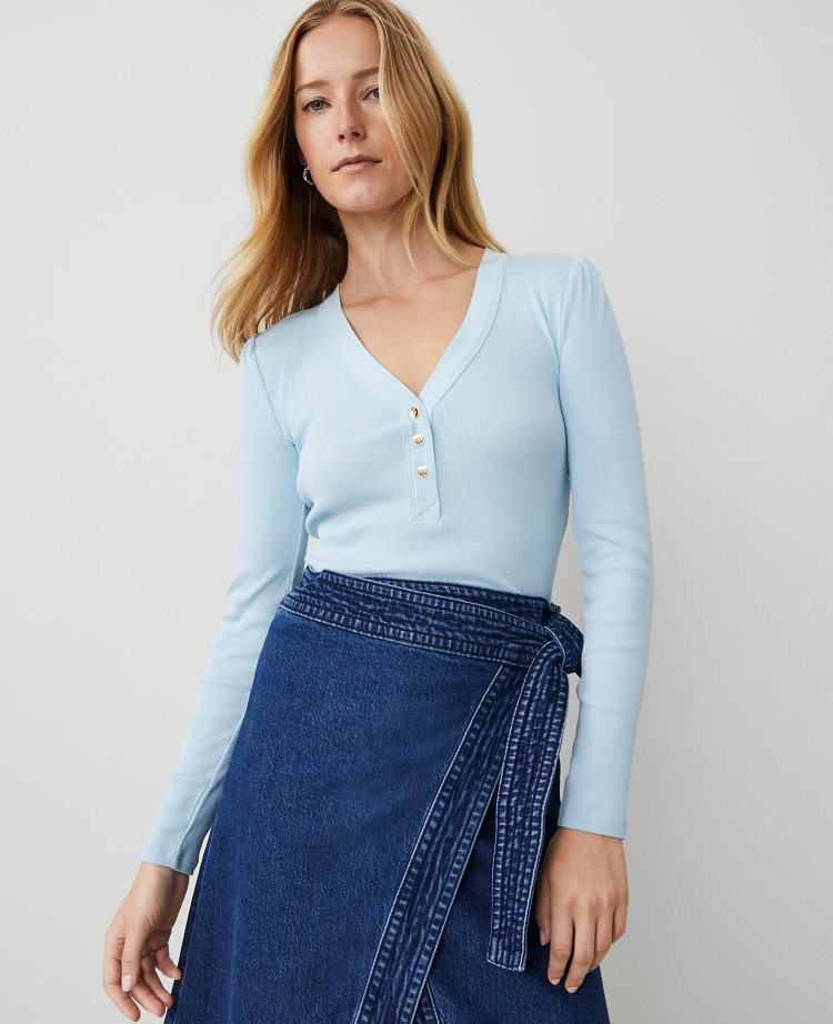 Petite Weekend Collection Puff Sleeve Henley Top