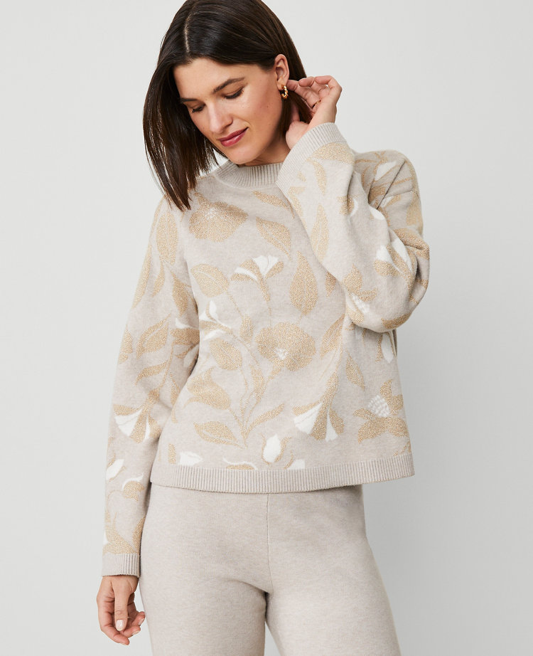 Petite Shimmer Floral-Trimmed Sweater