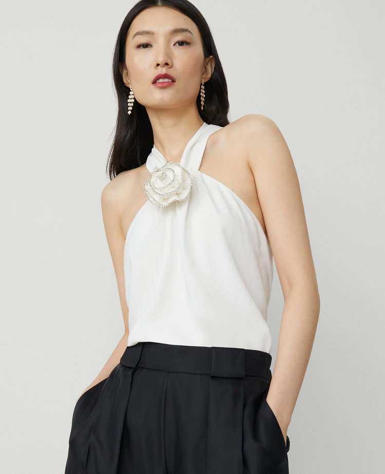 Petite Rosette Drape-Neck Halter Top