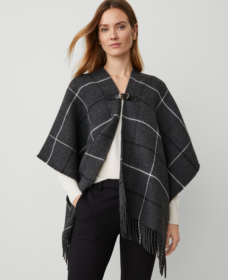 Buckle Plaid Open Poncho