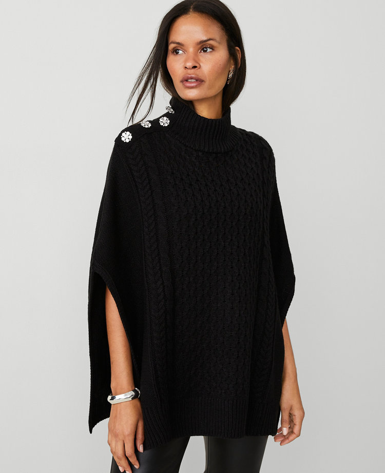 Button Mock Neck Cable Poncho