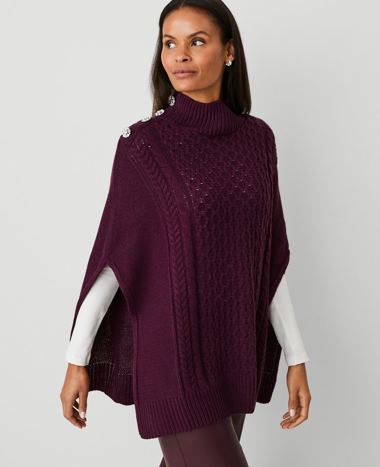 Button Mock Neck Cable Poncho