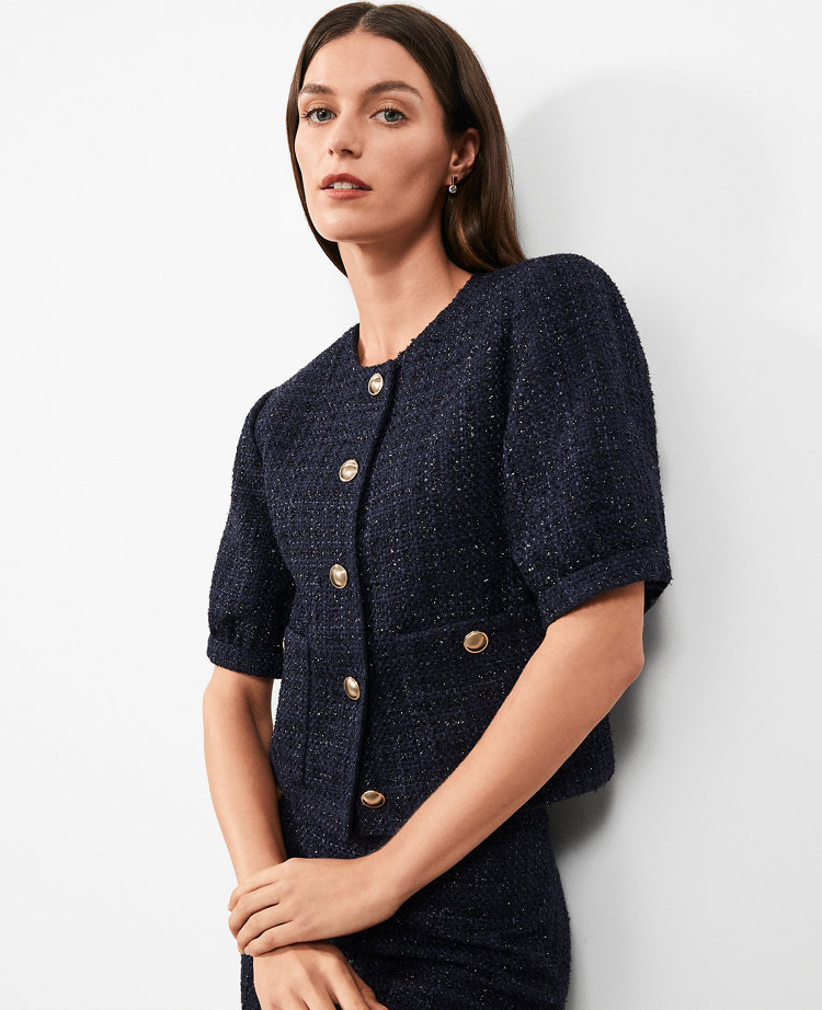 Petite Metallic Tweed Puff Sleeve Jacket