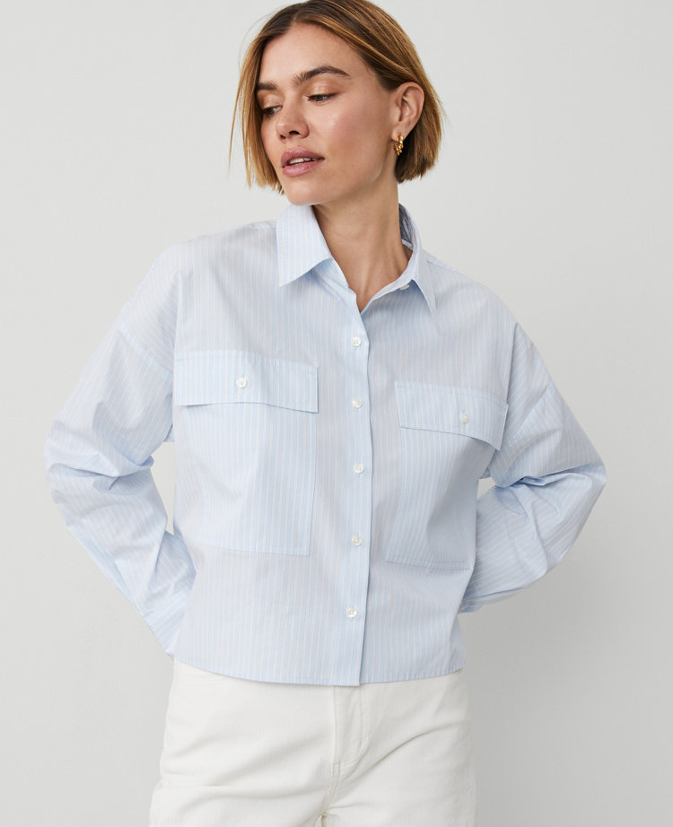 Petite Weekend Collection Striped Oversized Cropped Pocket Shirt