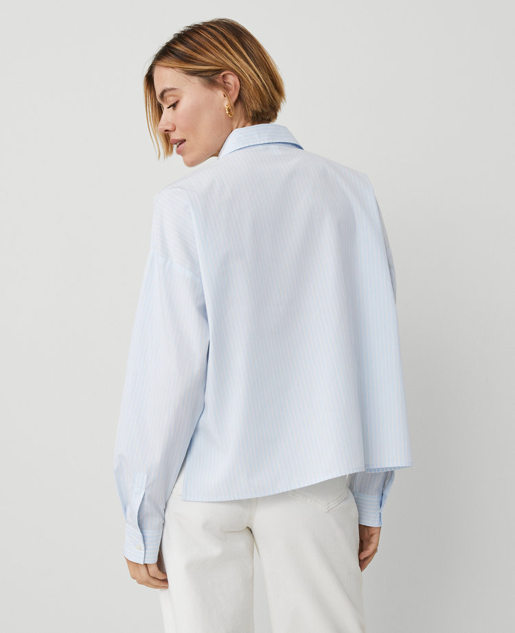 Petite Weekend Collection Striped Oversized Cropped Pocket Shirt
