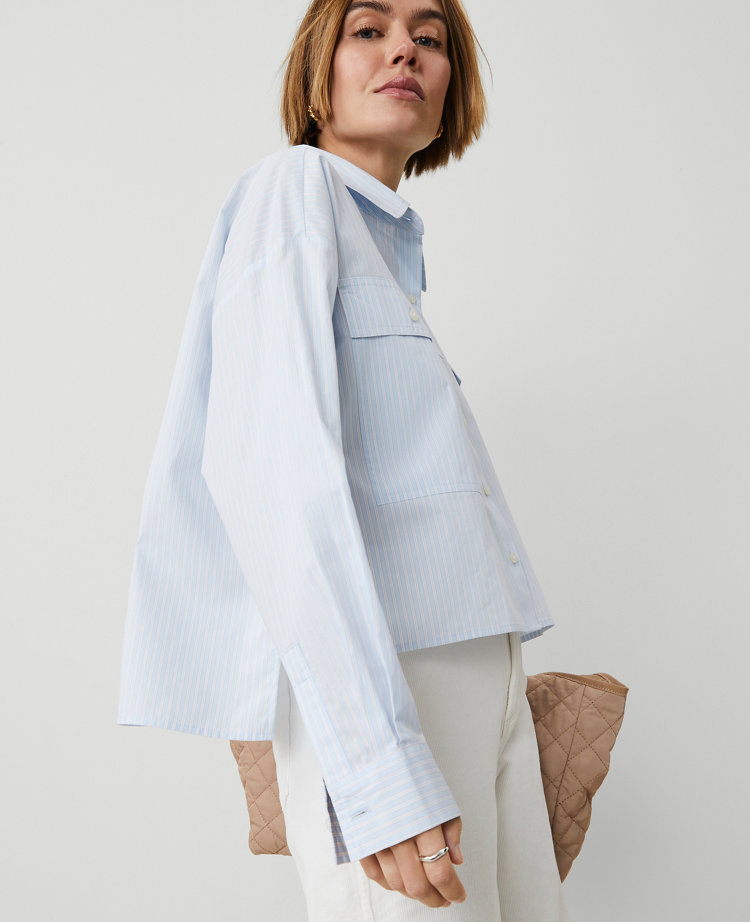 Petite Weekend Collection Striped Oversized Cropped Pocket Shirt