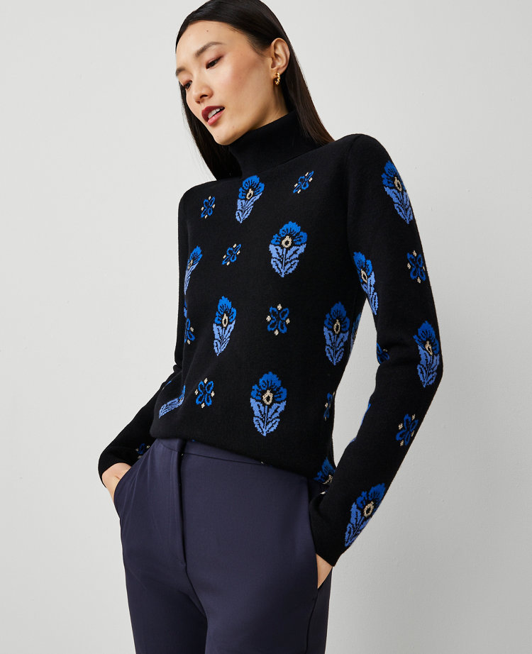 Floral Jacquard Turtleneck Sweater