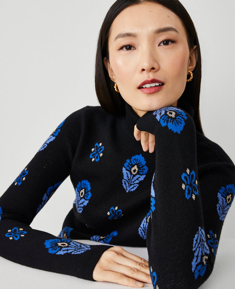 Floral Jacquard Turtleneck Sweater