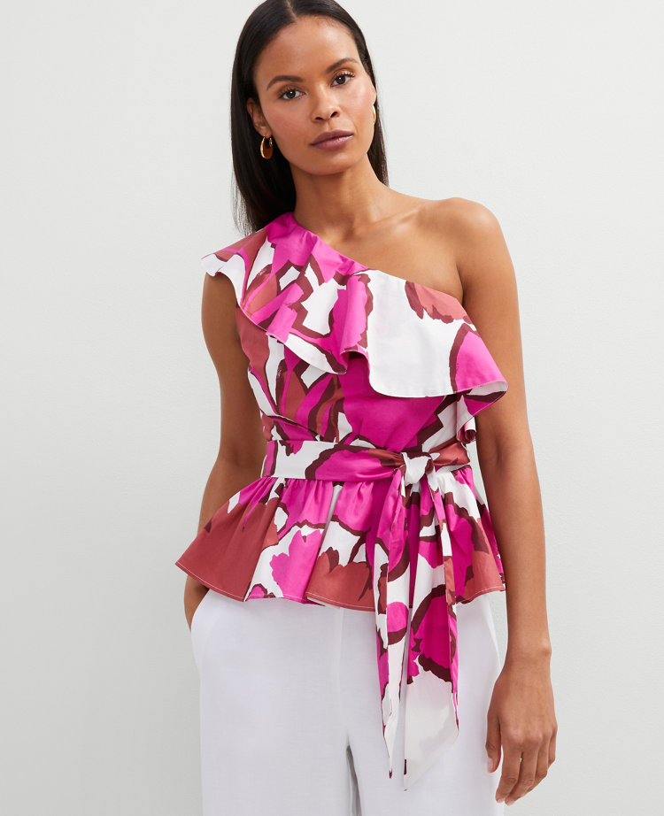 Floral One-Shoulder Tie Waist Blouse