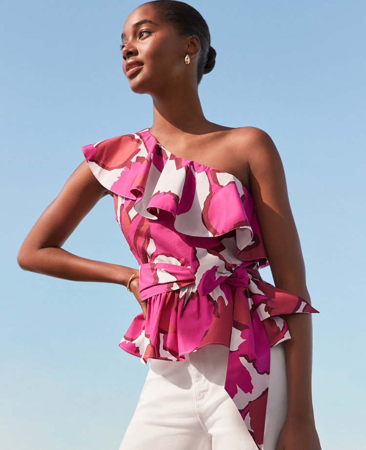 Ann Taylor Floral One-Shoulder Tie Waist Blouse Rose Violet Women's