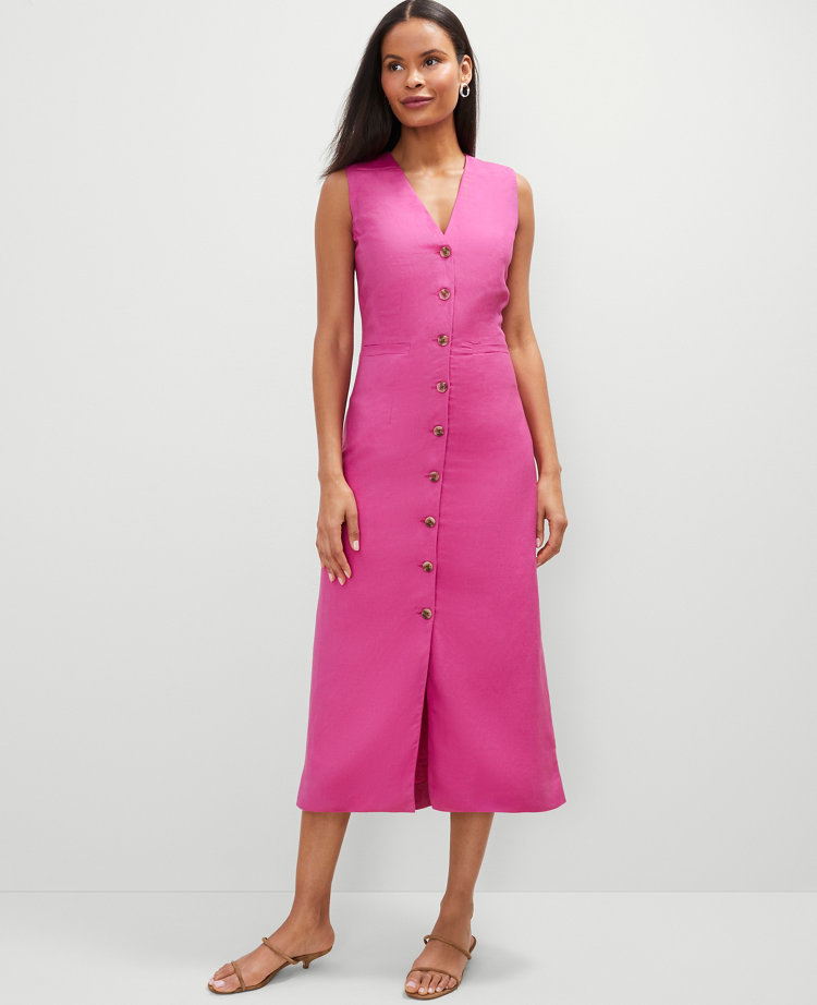Linen Blend V-Neck Shirtdress