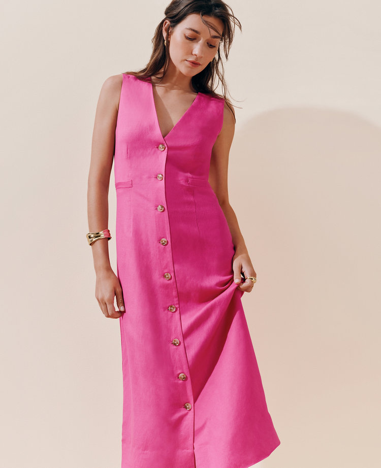 Linen Blend V-Neck Shirtdress