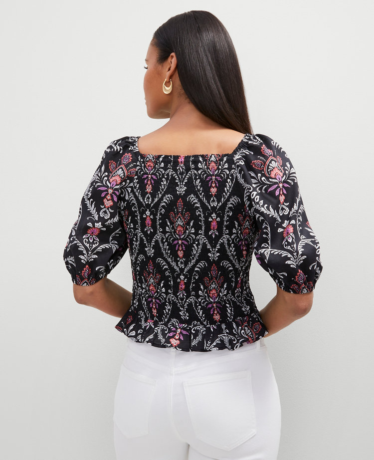 Floral Square Neck Smocked Top