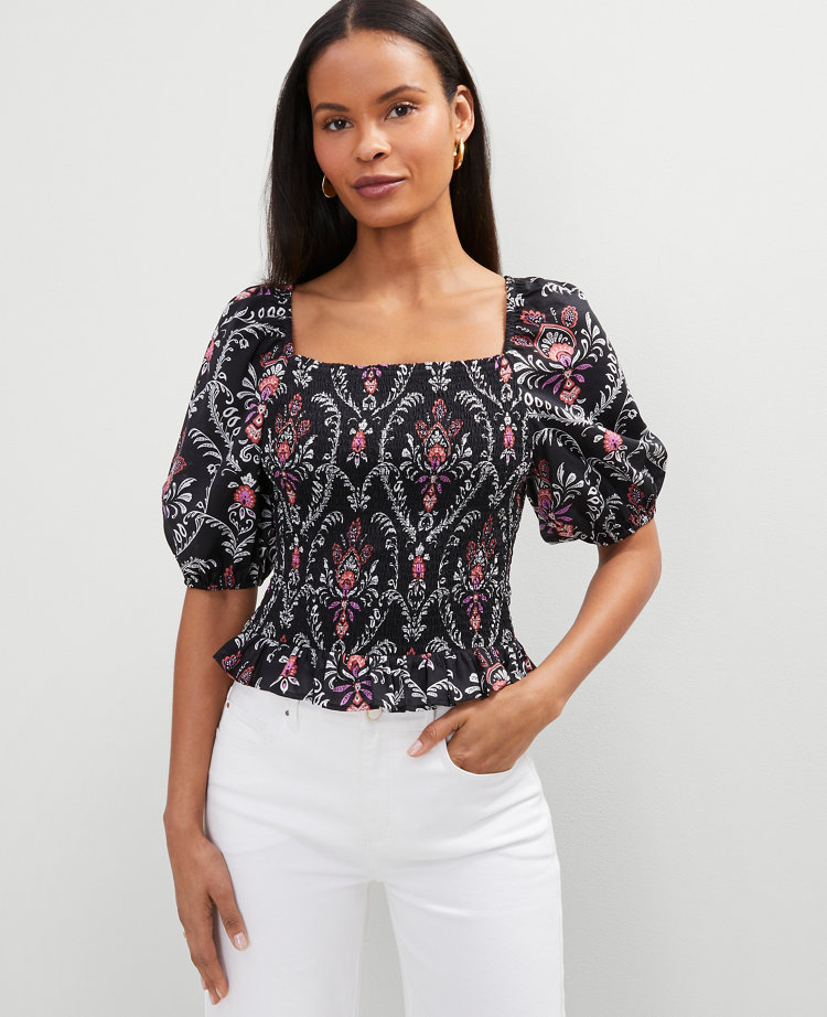 Floral Square Neck Smocked Top