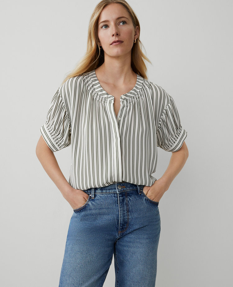 Striped Puff-Sleeve Blouse