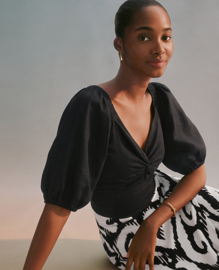 Linen Blend Knotted Tie Back Blouse