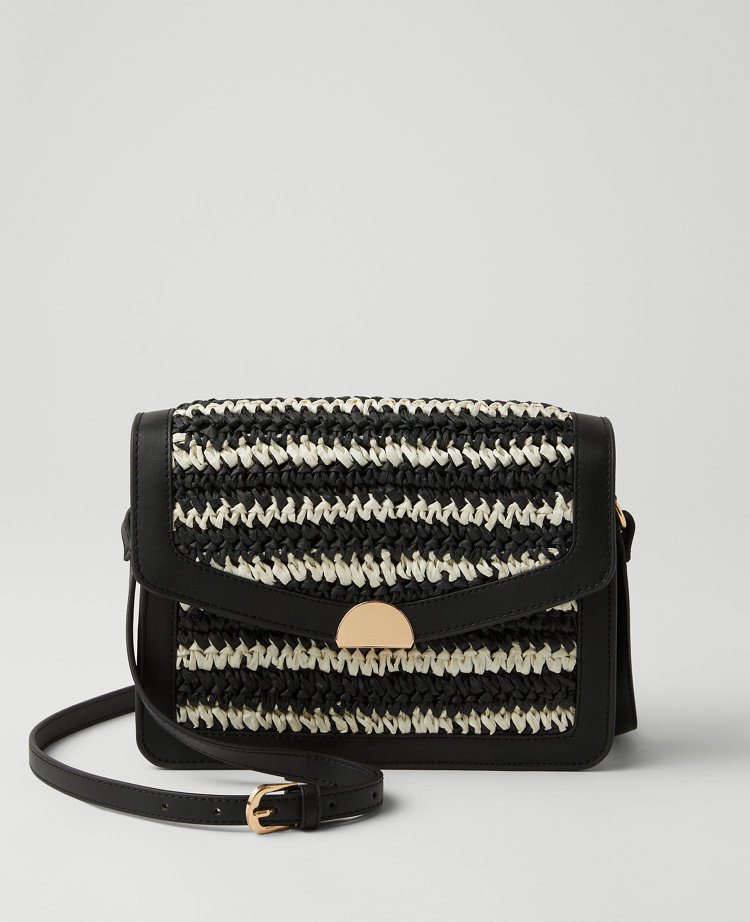 Ann Taylor Weekend Collection Striped Raffia Crossbody Bag Black Women's